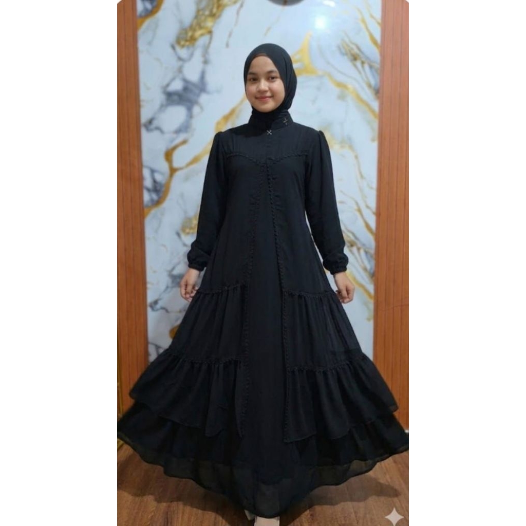 Dress Muslimah Ceruty Premium Full Furing – Gamis Hitam Polos Model Tingkat Cantik - gamis muslimah 