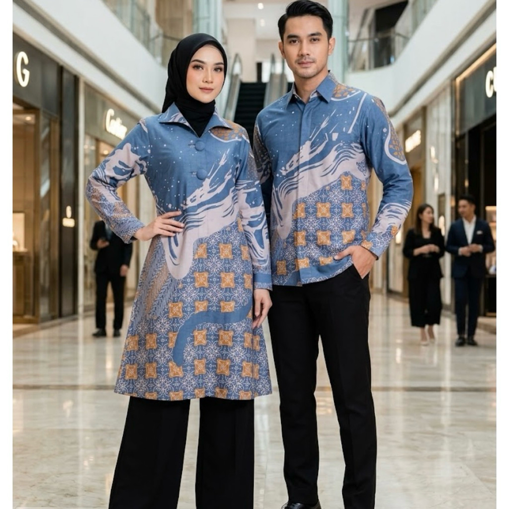 batik couple pasangan warna biru | baju batik pria premium | batik bluse wanita | batik tunik wanita