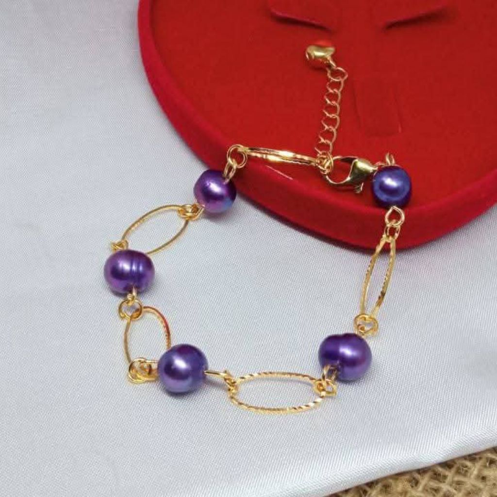 Gelang lilit mutiara tawar asli Lombok warna ungu