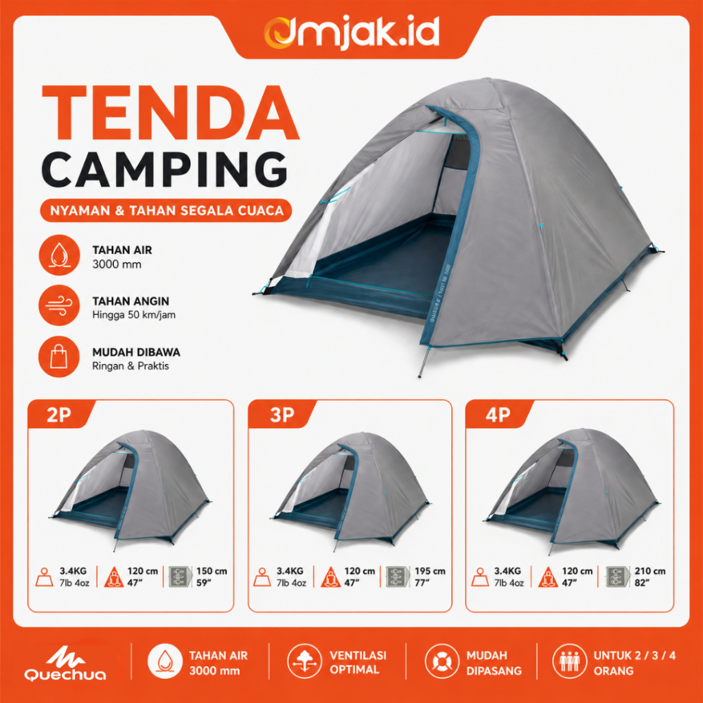 Tenda camping Quechua MH100 2-3 Orang Double Layer Premium Material