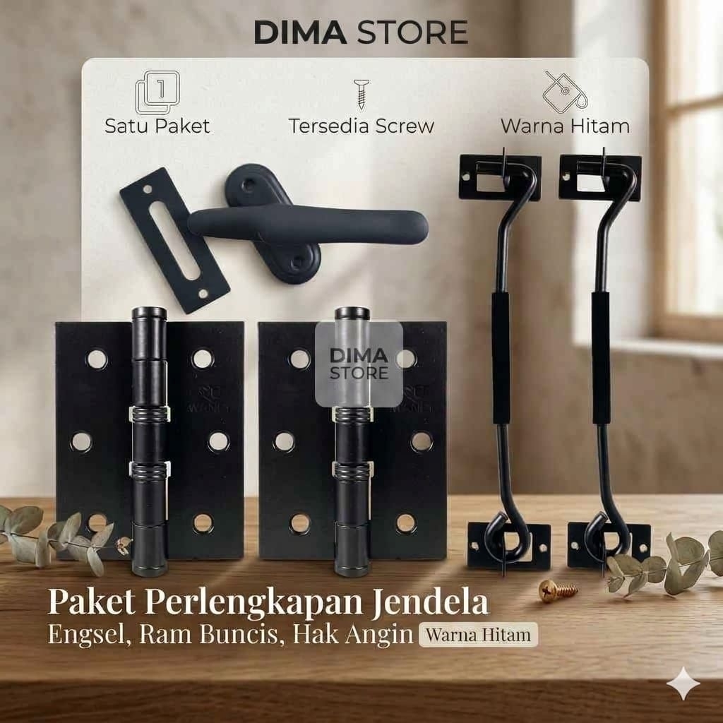 Paket Jendela Hak Angin Rambuncis Engsel Slot Bahan Besi Dan Alumunium Tebal Finishing Hitam Dan Cro