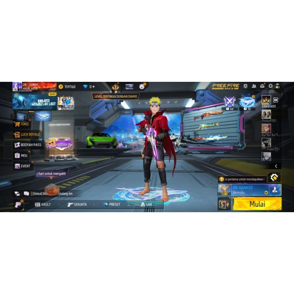 AKUN FF SPEK SG 2 RASA ADA SKIN NARUTO COWOK/CEWEK