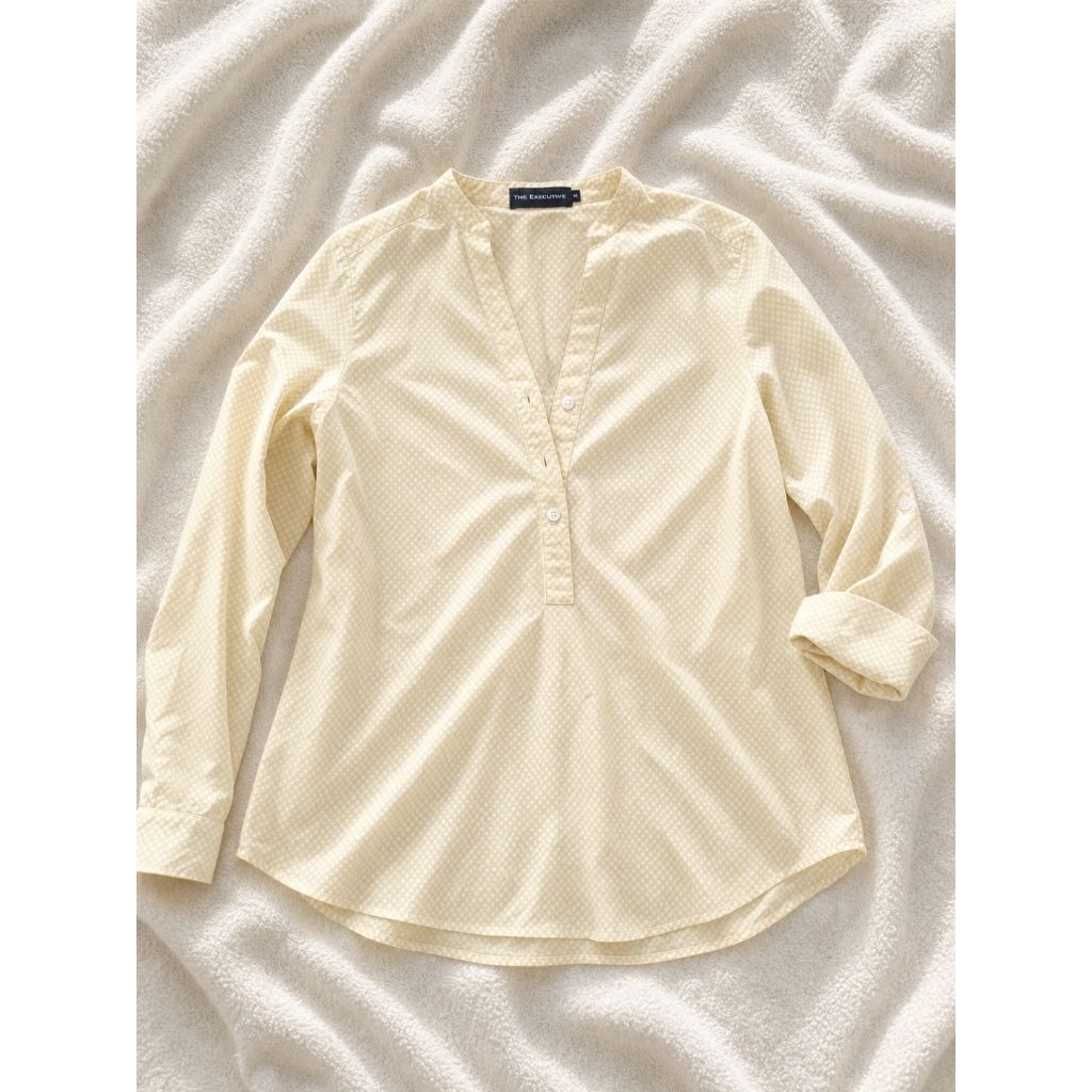 The Executive Butter Yellow Soft Blouse Kemeja Kuning Pastel Polkadot Kerah