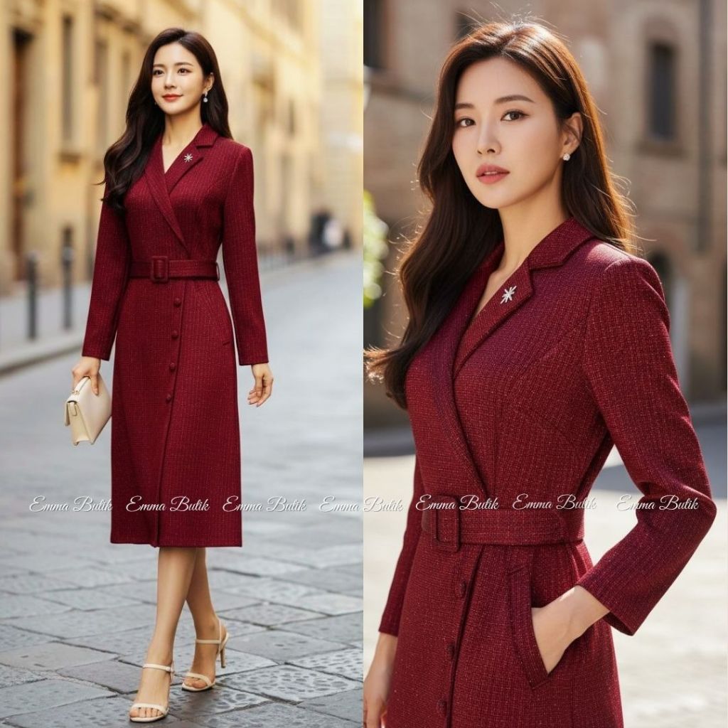Emma.Butik E00820 Gaun Midi Wanita Dress Formal Kantor Maroon Lengan Panjang Gereja V-neck Busui Fri