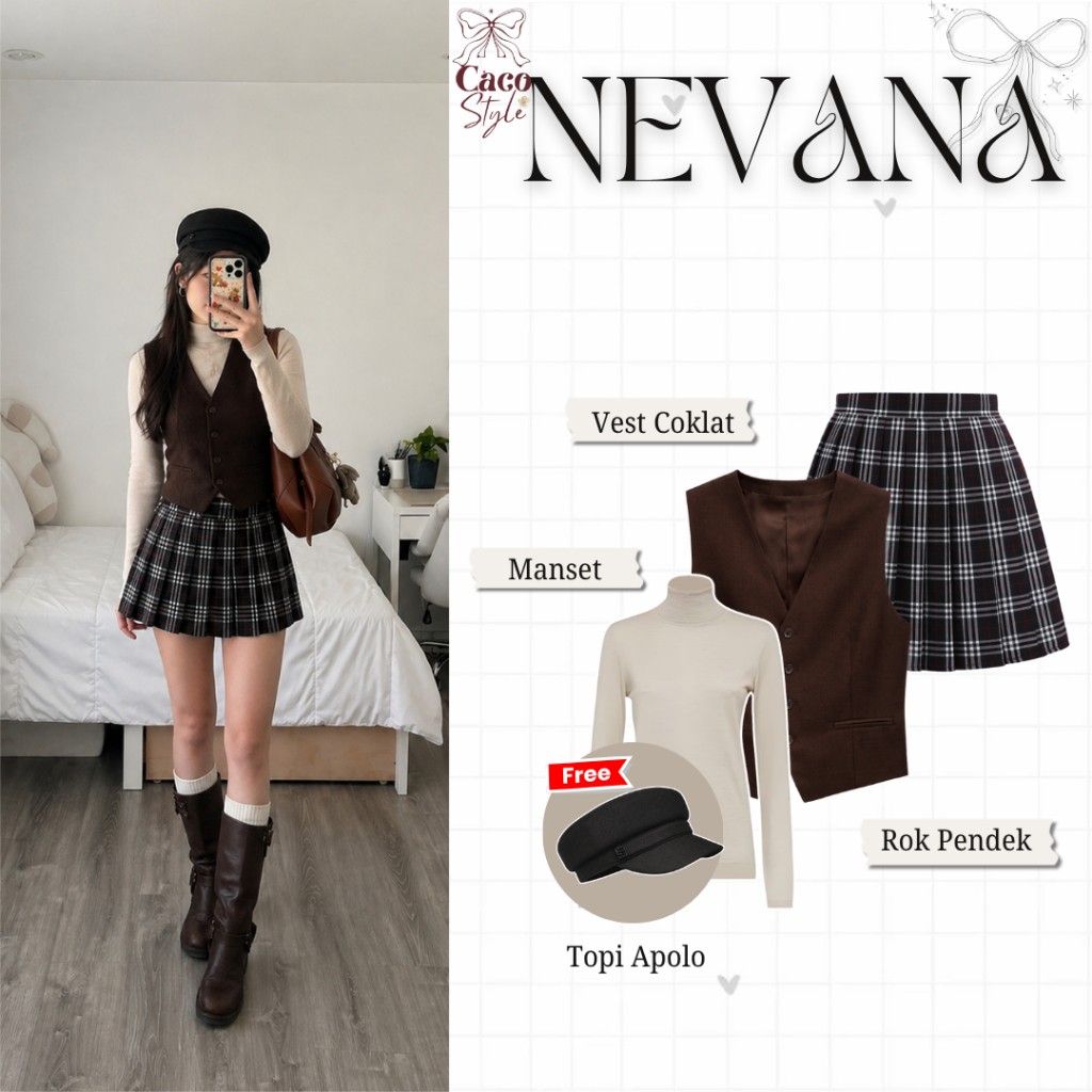 NEVANA One Set 4In1 Outfit Yearbook Peaky Blinders ( Topi + Vest + Inner Manset + Rok Kotak Kotak ) 