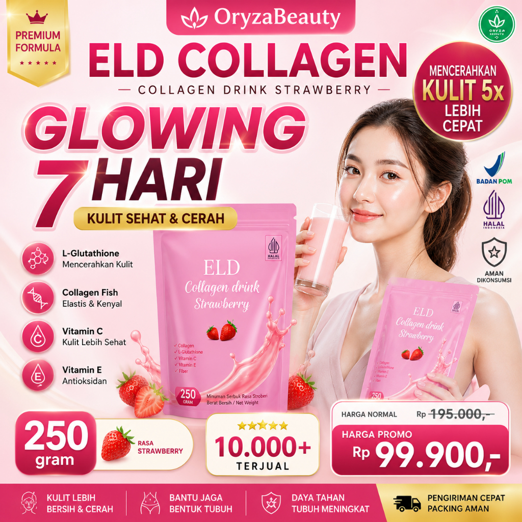 ELD Collagen Drink 250gr BPOM Asli – Pemutih Badan & Pencerah Kulit – Minuman Collagen Strawberry – 