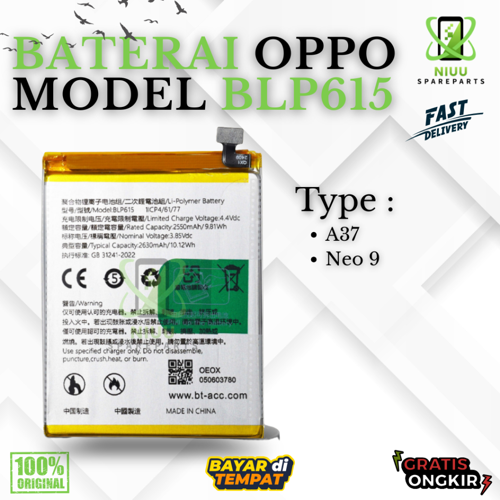 BATERAI BATTERY BLP615  OPPO NEO 9 A37 - A37F DOUBLE [IC POWER] ORIGINAL