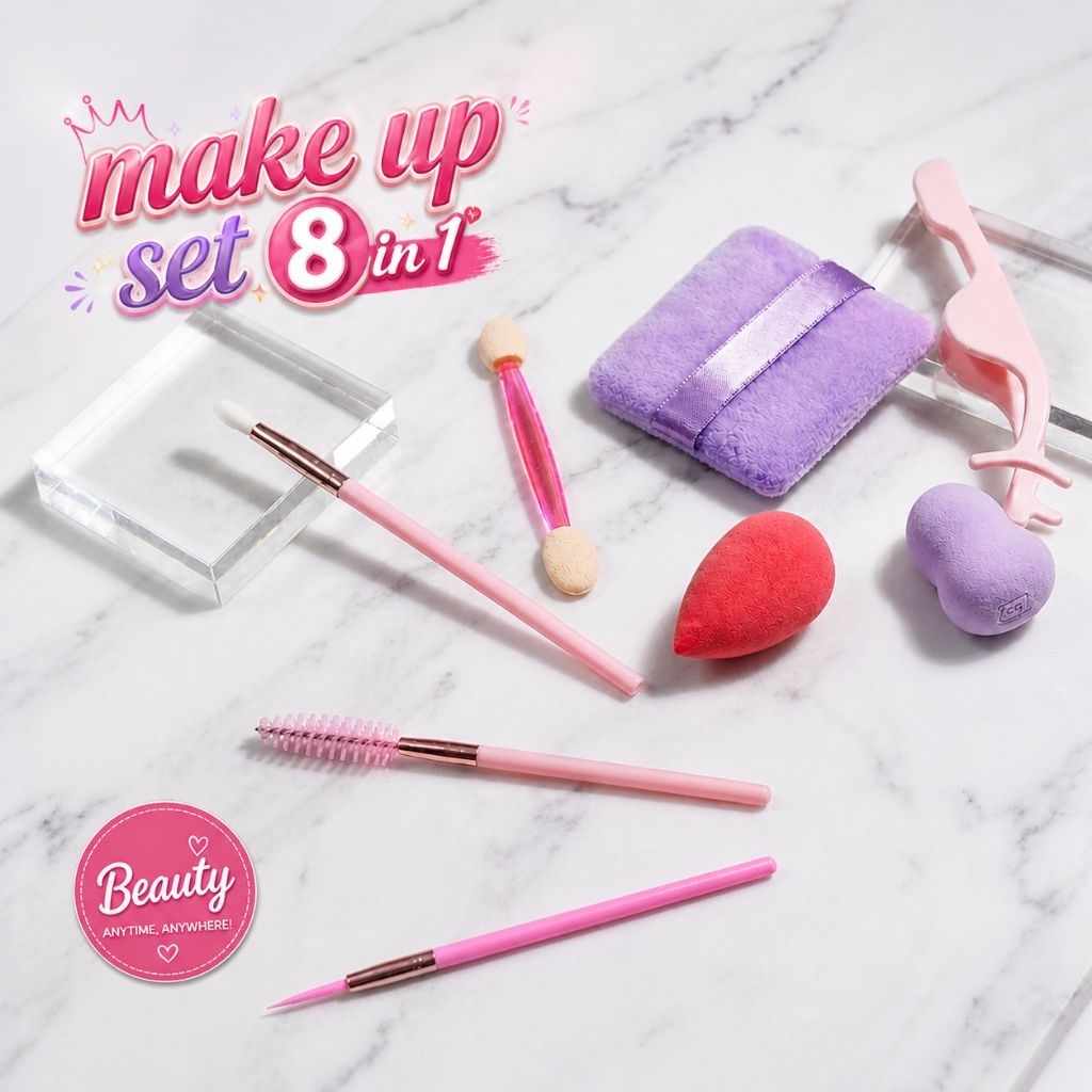 Set Alat Make Up 8 in 1 Aksesoris Kosmetik Lengkap Travel Friendly dengan Kuas Halus dan Beauty Blen