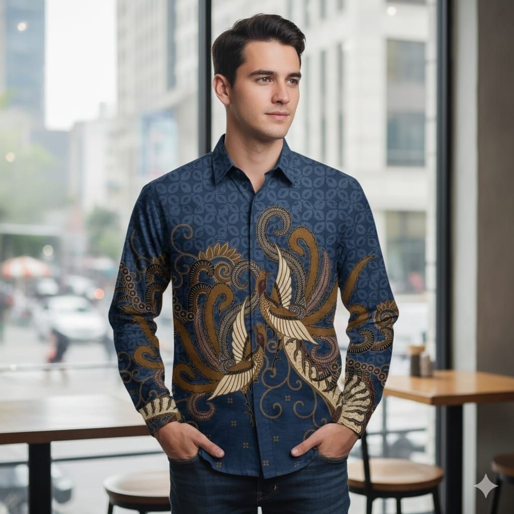 Kemeja batik pria warna biru , bahan katun printing premium , motif terbaru elegan , simpel dan mewa