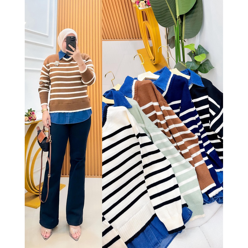 Atasan Import Givaso | Rajut Kombinasi Jeans Premium Wanita Fashion Terbaru Kekinian Best Seller
