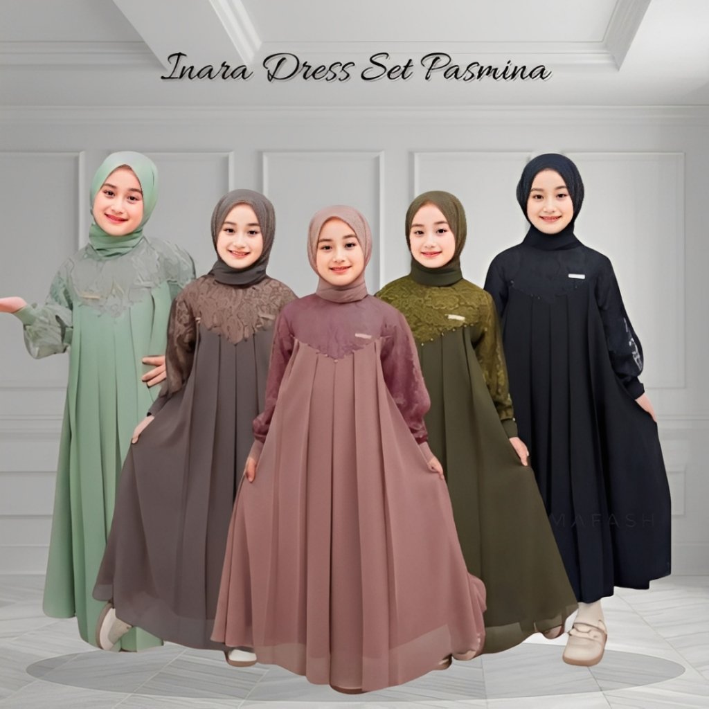 Inara Kids Gamis Anak Perempuan Set Hijab Dress Brokat Baju Muslim Anak 5-13 Tahun Bahan Ceruty