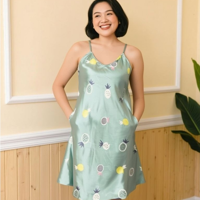 Daster Satin Baju Tidur Wanita seksi baju santai tali kecil Motif Cantik Size L-XL