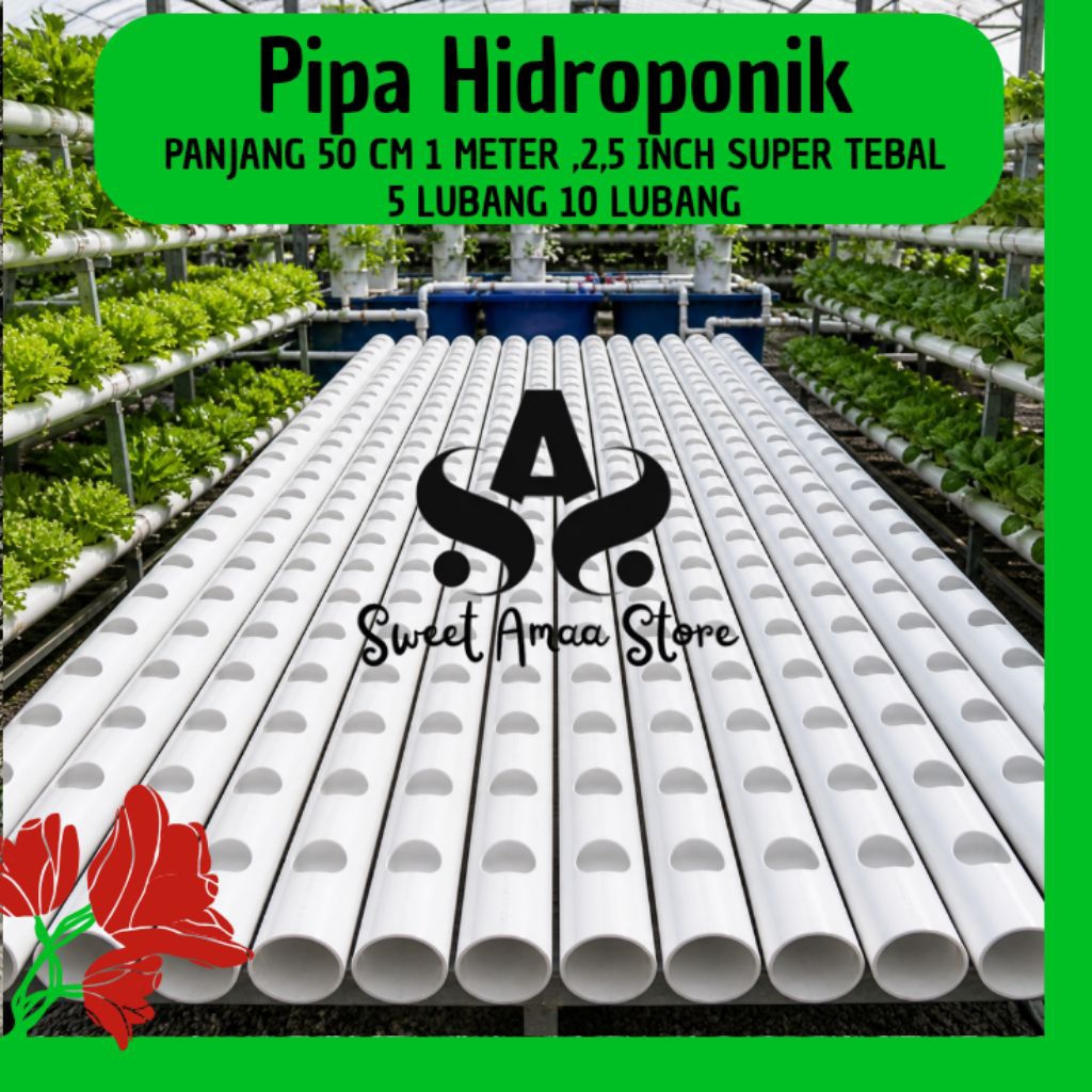 Pipa Hidroponik 5 & 10 Lubang 2,5 Inch Panjang 50cm 1 Meter Paralon NFT Tanam Sayur Strawberry Selad