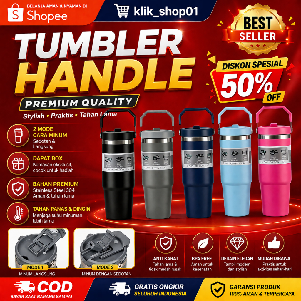 Tumbler Premium Jumbo Stainless Steel 900ml+Gagang &Sedotan/Tumbler Handle Cup Termos Cup Stainless