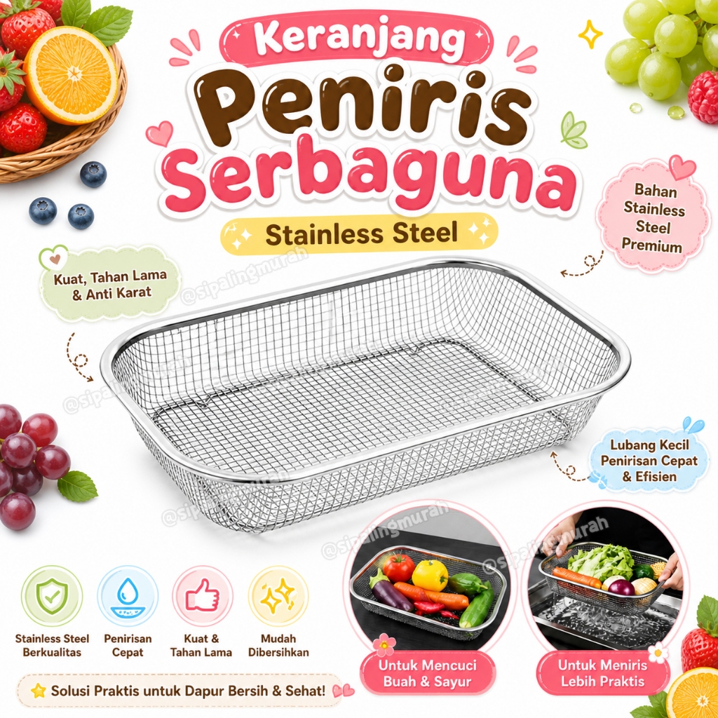 Keranjang Peniris Serbaguna Stainless Steel Besar Nampan Peniris Minyak Gorengan Buah & Sayur