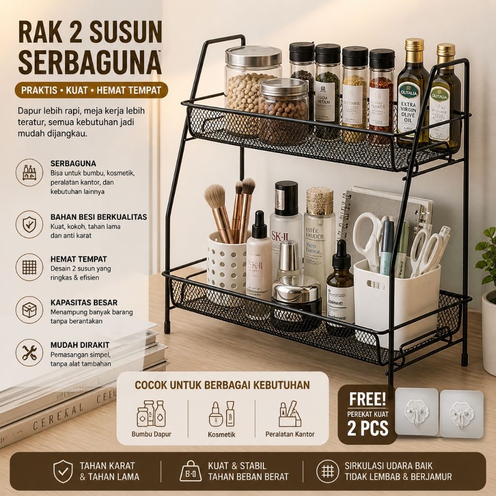 DDM Rak Cosmetik Jaring 2 Susun Rak bumbu 2 susun besi kuat/ Rak susun serbaguna/Rak bumbu dapur est
