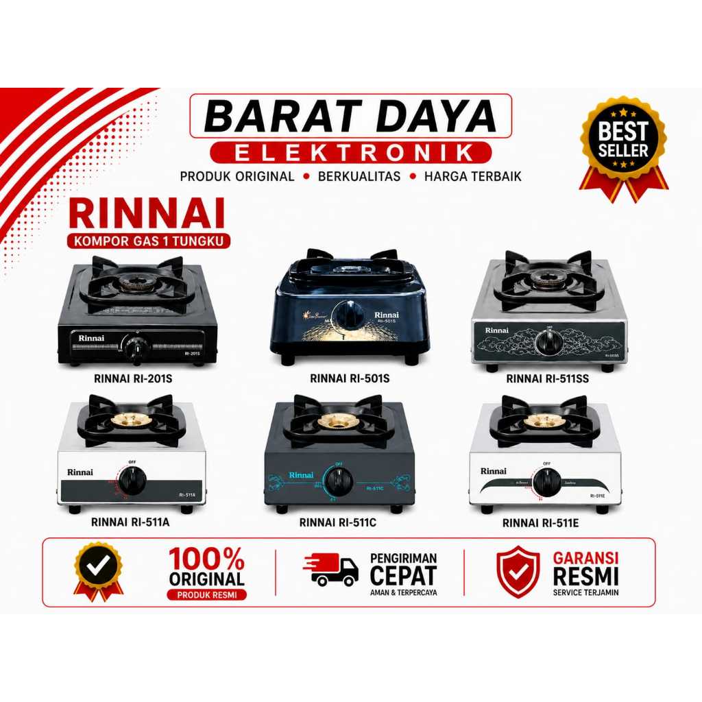 Kompor Gas RINNAI 1 Tungku RI-301S/201S/511SS/511E/511C/511A teflon stainless garansi resmi