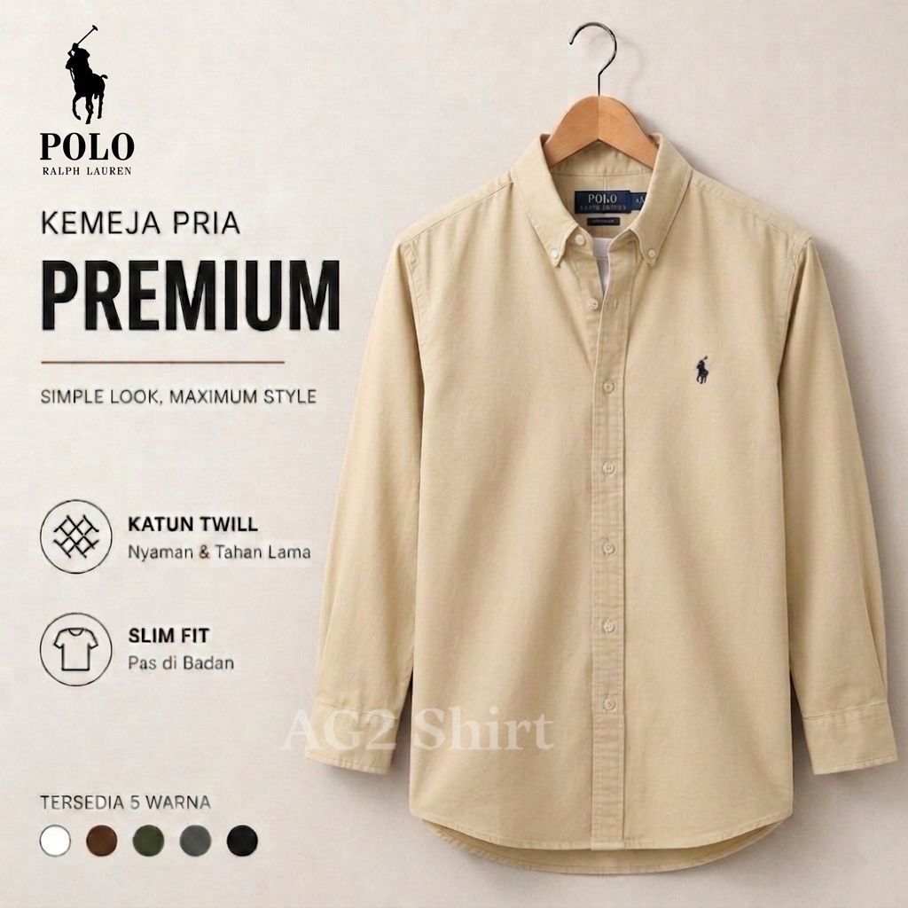 AG2 Shirt ~Polo Kemeja Cream Oxford Cotton Kemeja Polos Lengan Panjang  kemeja Brandead Size S,M,L,X