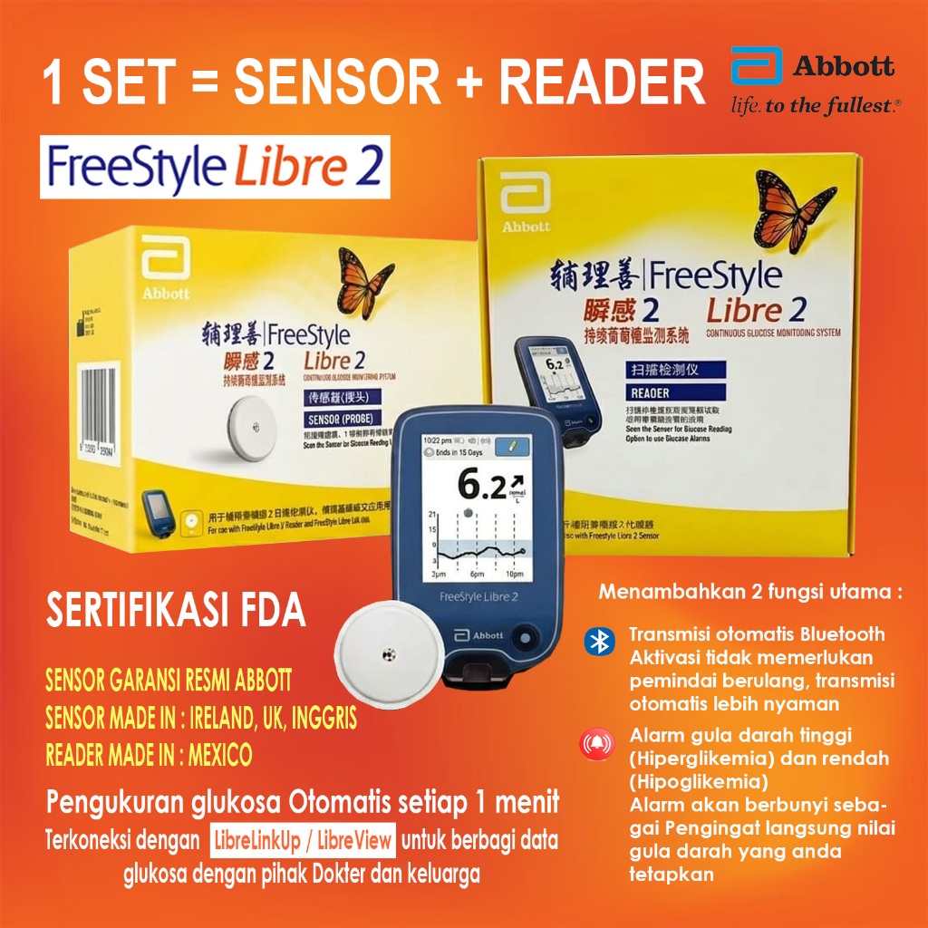 Sensor + Reader FreeStyle Libre 2 Jaminan 1000% dari Abbott
