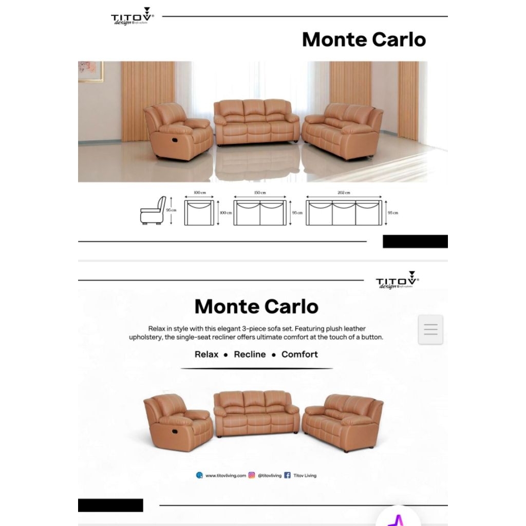 Sofa Recliner Titov Monte Carlo Set 3-2-1 Kulit Premium
