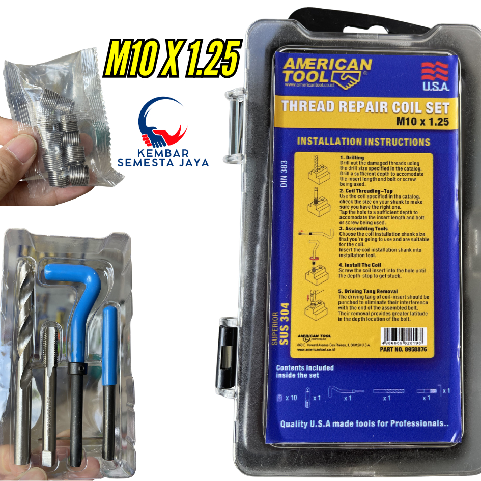 AMERICAN TOOL 8958876 COIL Thread Repair Kit PRO 20 pcs Set M10 X 1.25 - 2D Recoil Helicoil baut 10 