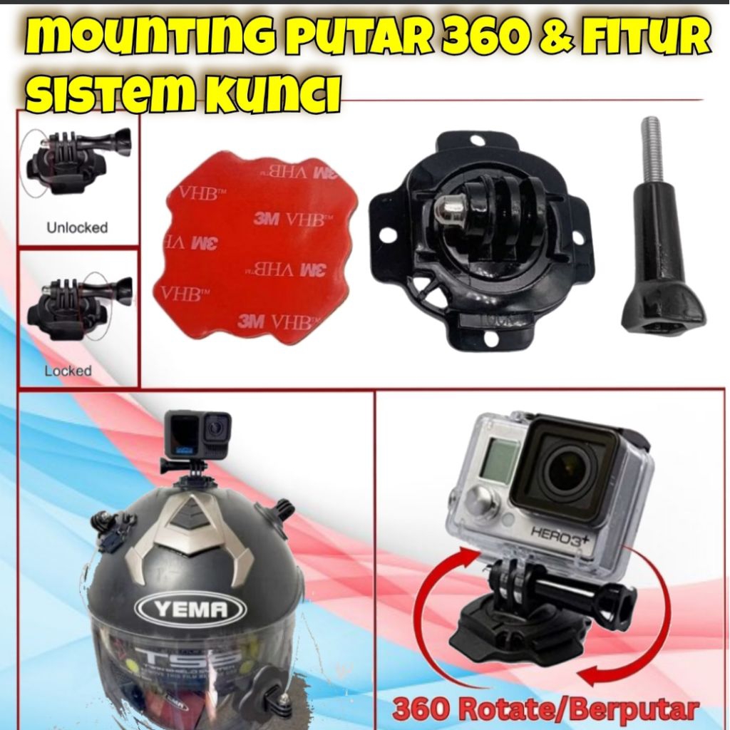 360 Degree Rotation Mount untuk Action Camera di Helm Kompatibel dengan GoPro Xiaomi YI dji action  