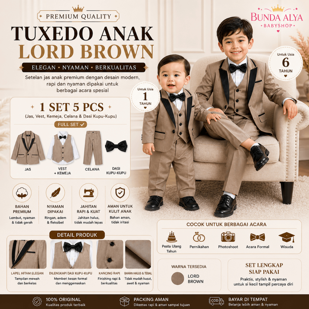 Jas Anak Laki Usia 1 2 3 Tahun 8in1 Premium COKLAT - Setelan Pesta Anak Cowok Coklat Gold Casual Res