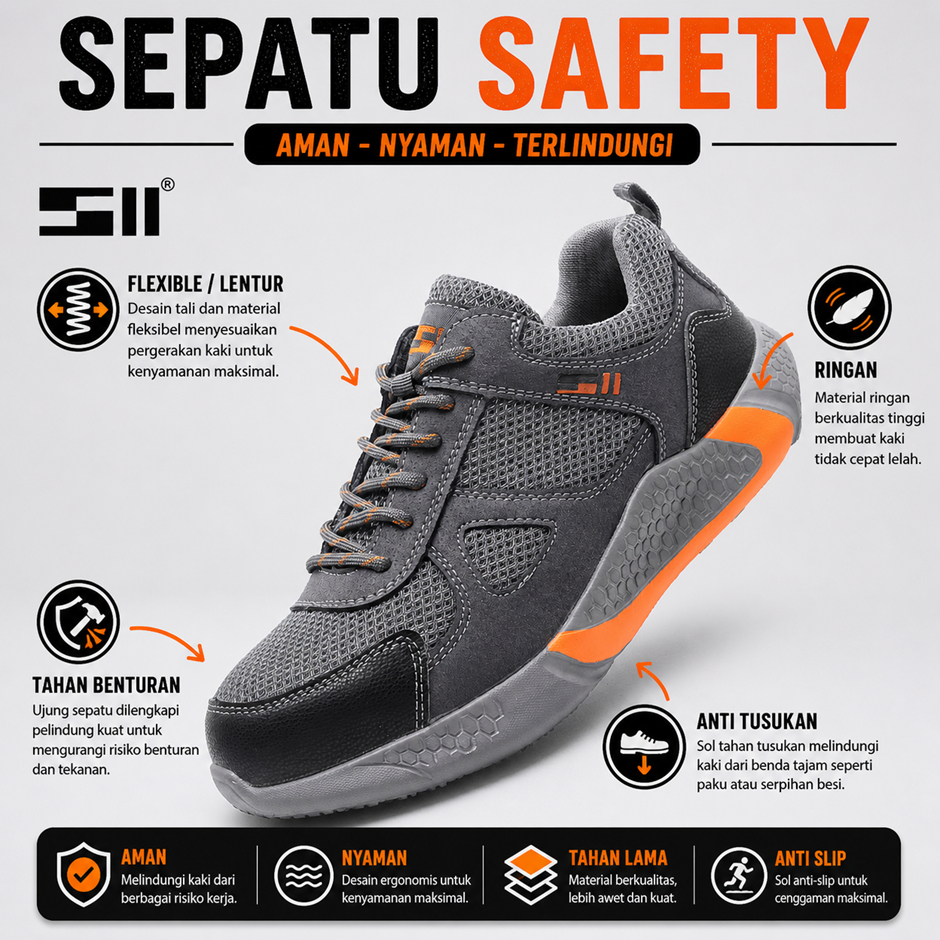 SEPATU SAFETY WANITA MODEL SPORT SAFETY SHOES IMPORT WANITA UJUNG BESI ANTI PAKU MIDSOLE PLAT OIL RE