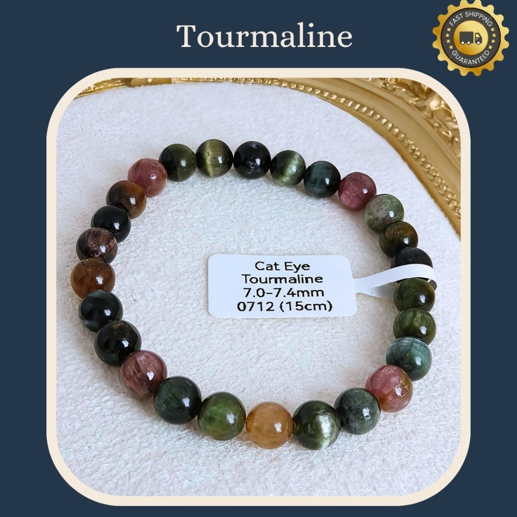 Gelang Batu Natural Cat Eye Tourmaline 7.0-7.4mm Bersertifikat