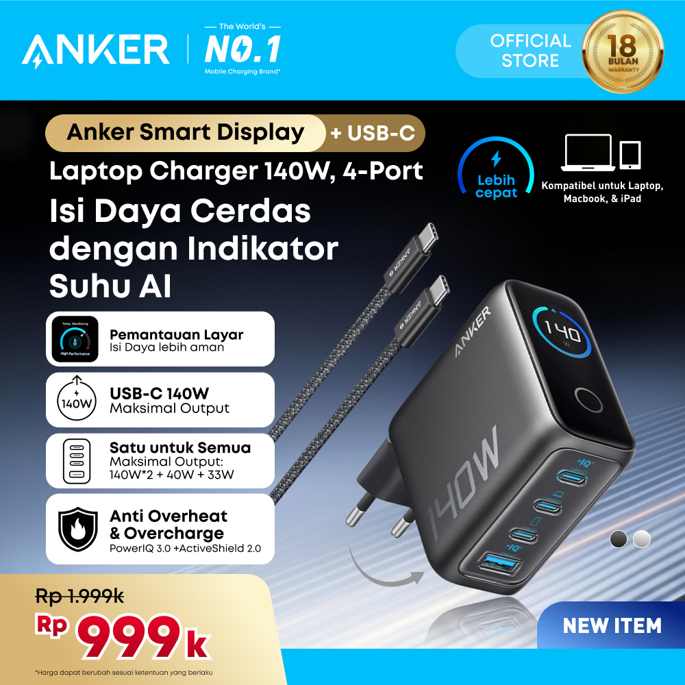 Anker Smart Digital Touch Display 140W GaN Charger Foldable Fast Charging 4 Ports with Type C Cable 
