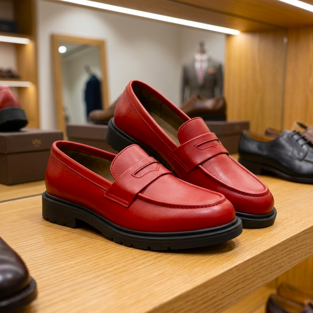 Sepatu Pantofel Pria Selop Loafers Leather Merah Marun Retro Ukuran Besar Jumbo Big Size 44 45 46 47