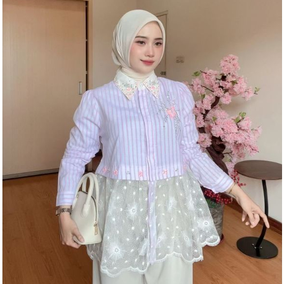 PARISA BLOUSE KATUN MIX LACE BORDIR ATASAN WANITA [ LD 110 ]