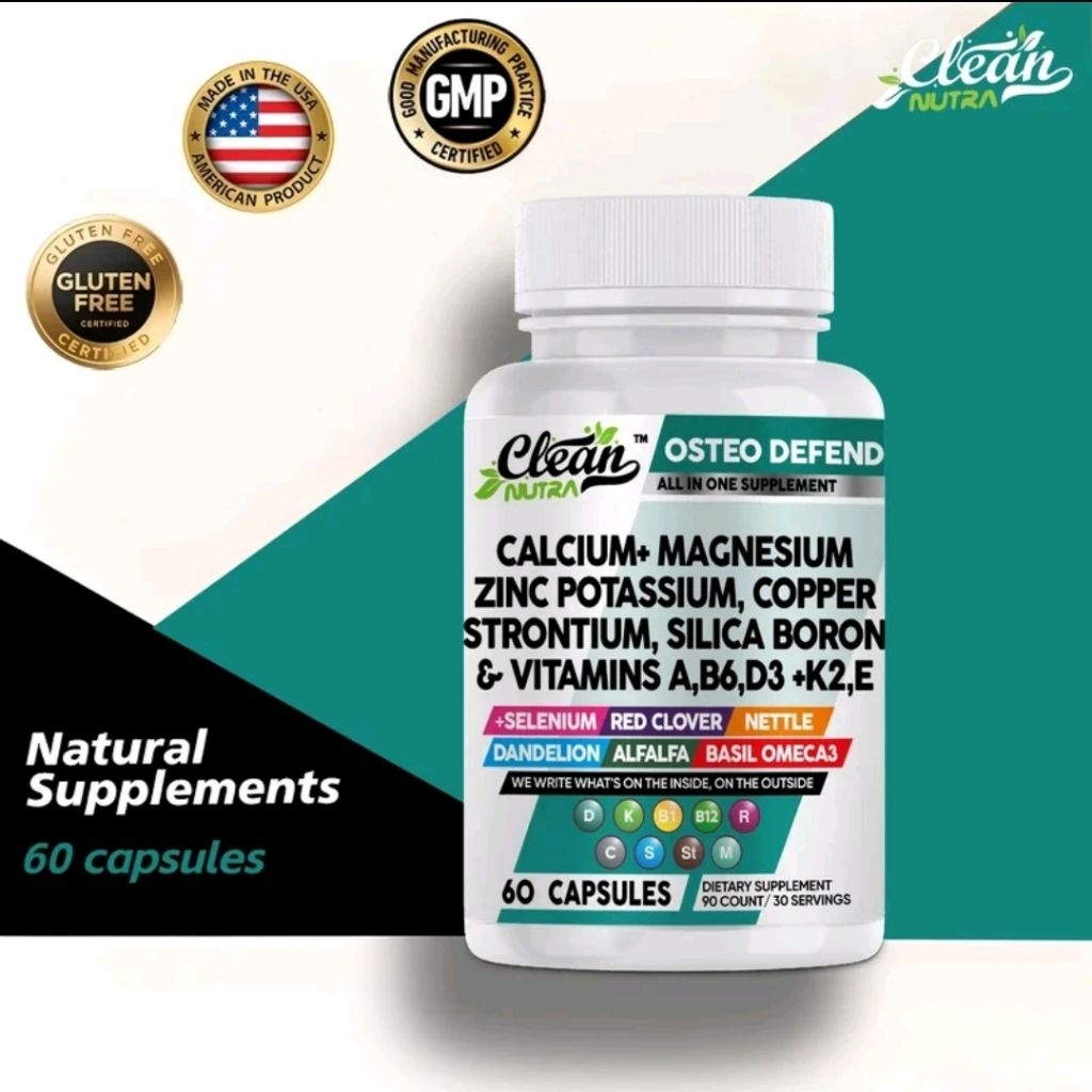 Clean Nutra Osteo Defend – Suplemen Tulang Lengkap Kalsium Magnesium Zinc Vitamin D3 K2 – 60 Capsule