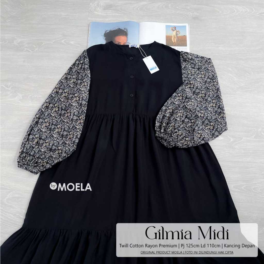 GILMIA MIDI DRESS KOMBINASI TWILL COTTON RAYON PREMIUM MURAH MEWAH BY MOELA