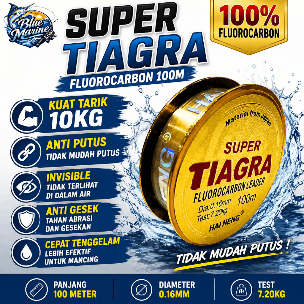 Senar Pancing Fluorocarbon 100M SUPER TIAGRA Anti Putus, Invisible, Kuat Tarik