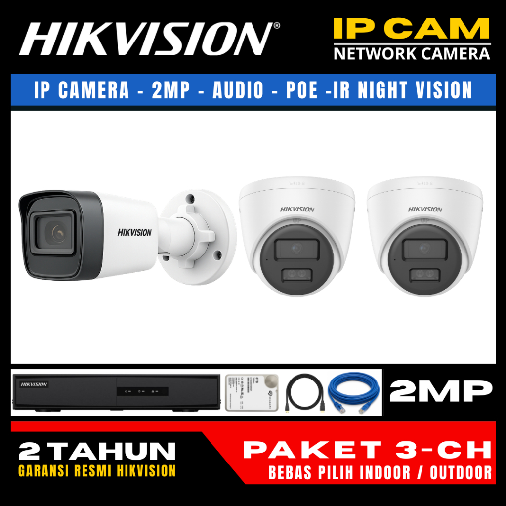 paket cctv hikvision ip camera 2mp audio 4 channel 3 kamera ip camera cctv