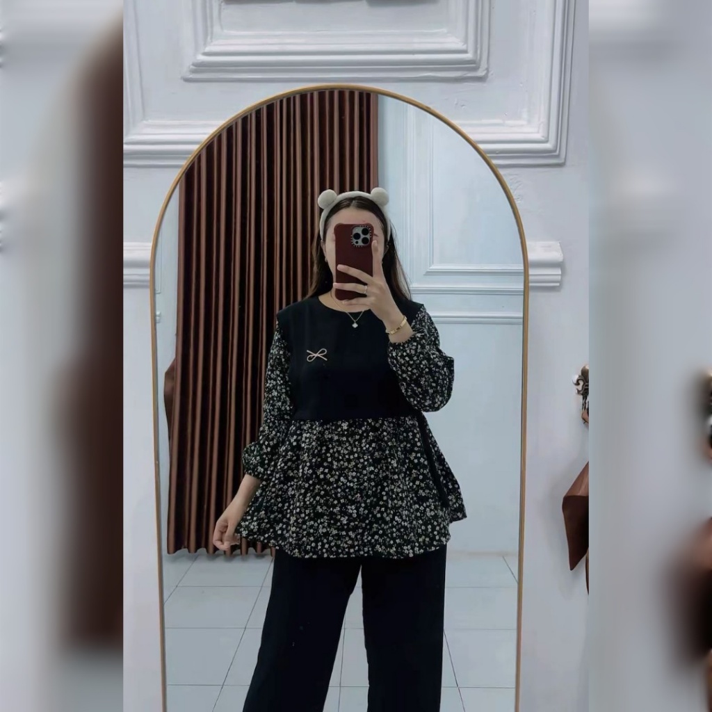 sheena one set kombinasi cringkle motif//stelan wanita dewasa syakila motif bunga bunga