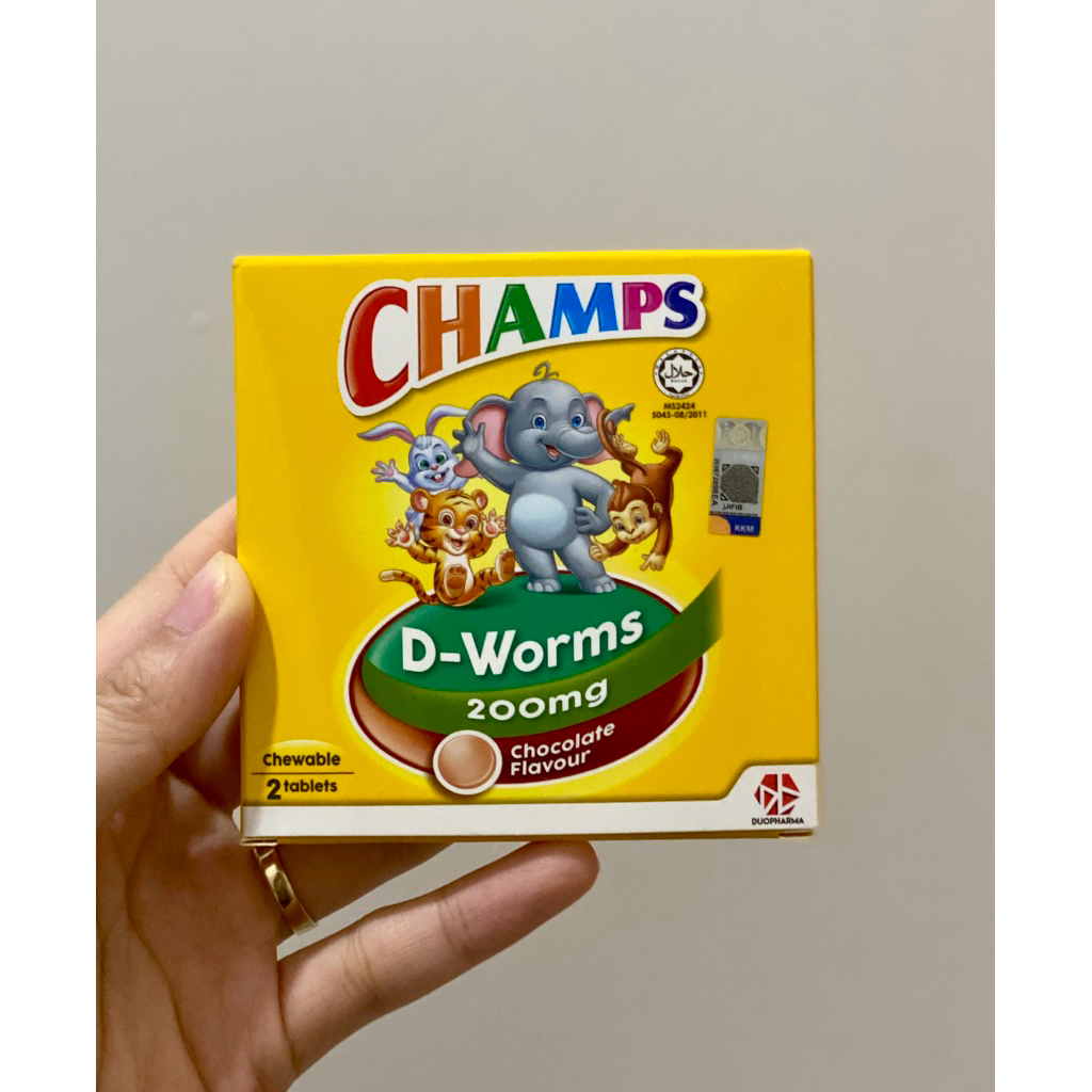 CHAMPS D-WORMS OBAT CACING ORIGINAL MALAYSIA ISI 2 TABLET KUNYAH RASA COKLAT