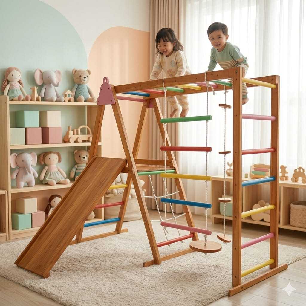 Playground Mainan Anak Kayu Outdoor Indoor– Brakiasi Kubus Double Wall Climbing & Monkey Bar