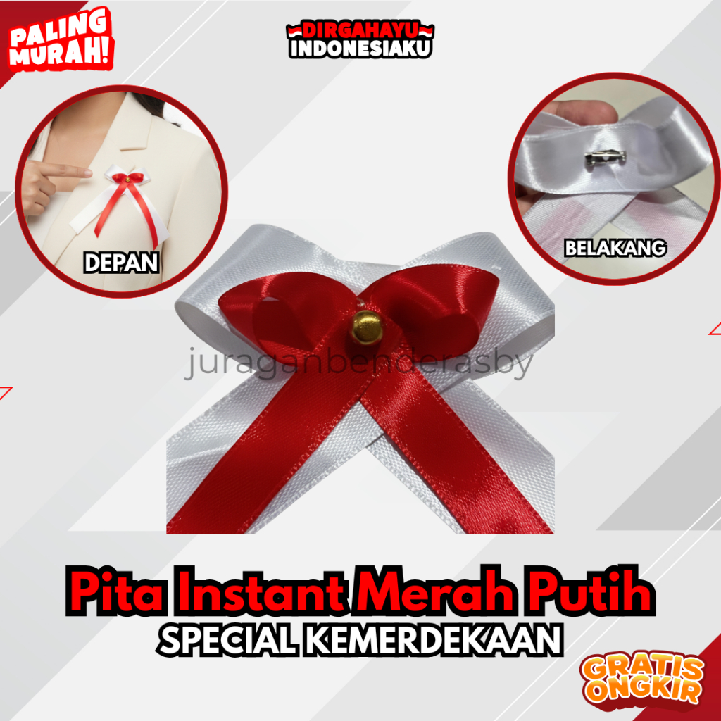 Pita merah putih siap pakai, pita panitia 17 sdh ada peniti / bross kerudung hijab atau pita utk ham