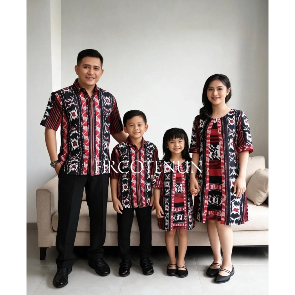 Couple Keluarga Tenun Cendana 04 - Sarimbit Keluarga Tenun - Kemeja Tenun Pria & Dress Tenun Wanita 