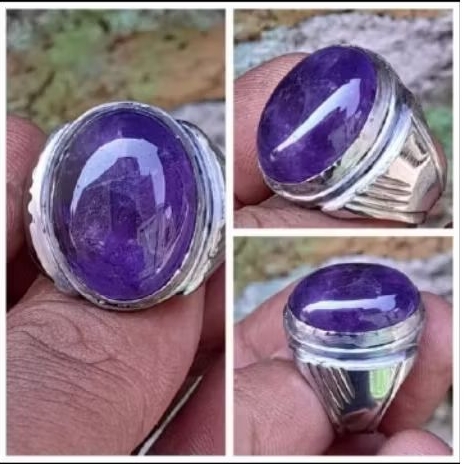 Cincin batu kecubung ungu kalimantan natural ral jumbo 20x15 mm ring monel tanam