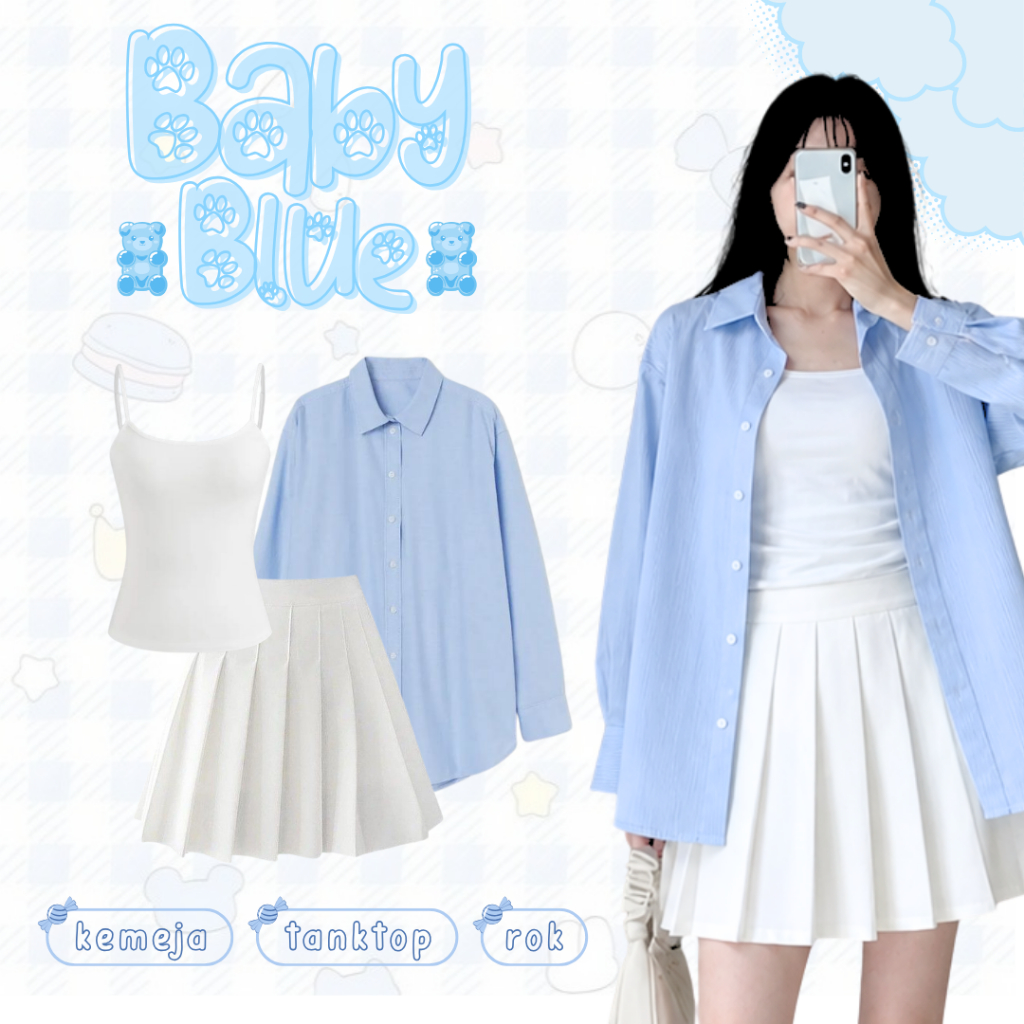 Setelan Wanita (Kemeja, Rok Pendek, Celana Pendek, Tanktop) Oneset Wanita Casual Biru Baby Blue - MR
