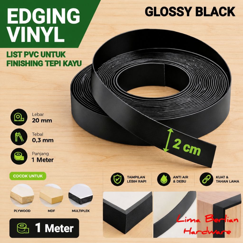 Edging Vinyl PVC Glossy Black 2 Cm 1 Meter – List Tepi Kayu MDF Plywood Multiplek Tebal 0.3mm