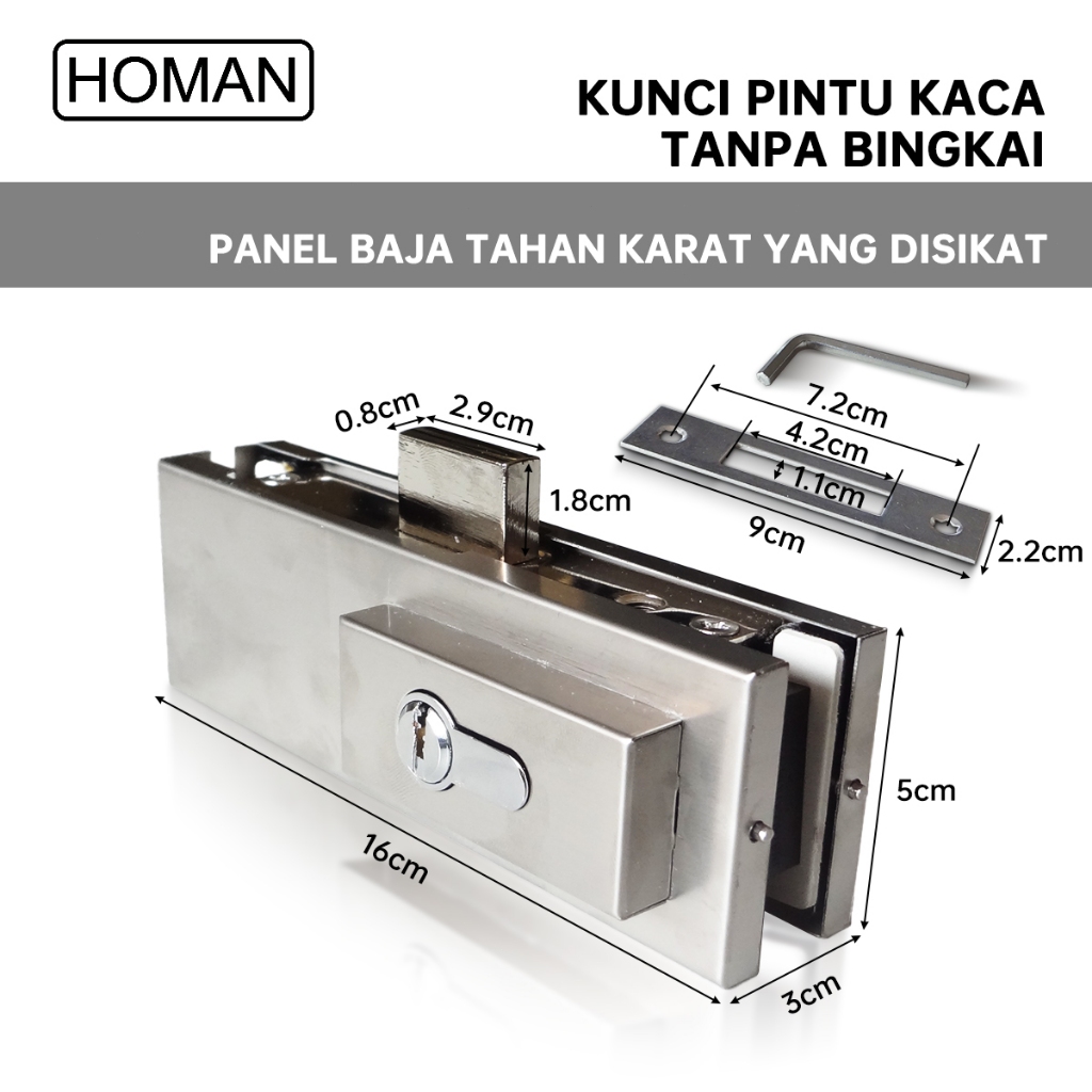 Kunci Bawah Pintu Kaca HOMAN - Kunci Pintu Kaca Panel Baja Tahan Karat SUS30