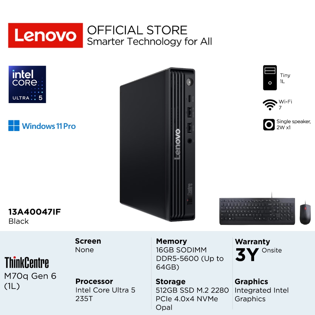 Lenovo PC ThinkCentre Tiny M70q Gen 6 47IF Intel Core Ultra 5 235T, Integrated Intel Graphics, RAM 1