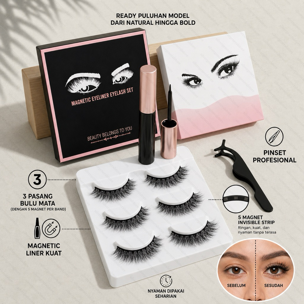 Bulu Mata Palsu Magnet 3D 5D 6D set 3 pasang + Eyeliner Magnetik