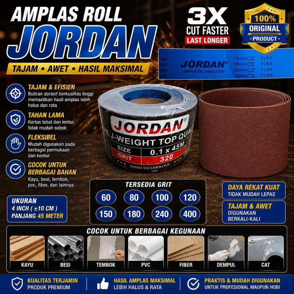 Amplas Roll Jordan | Amplas Gulung | Grit 60 80 100 120 150 180 240 400