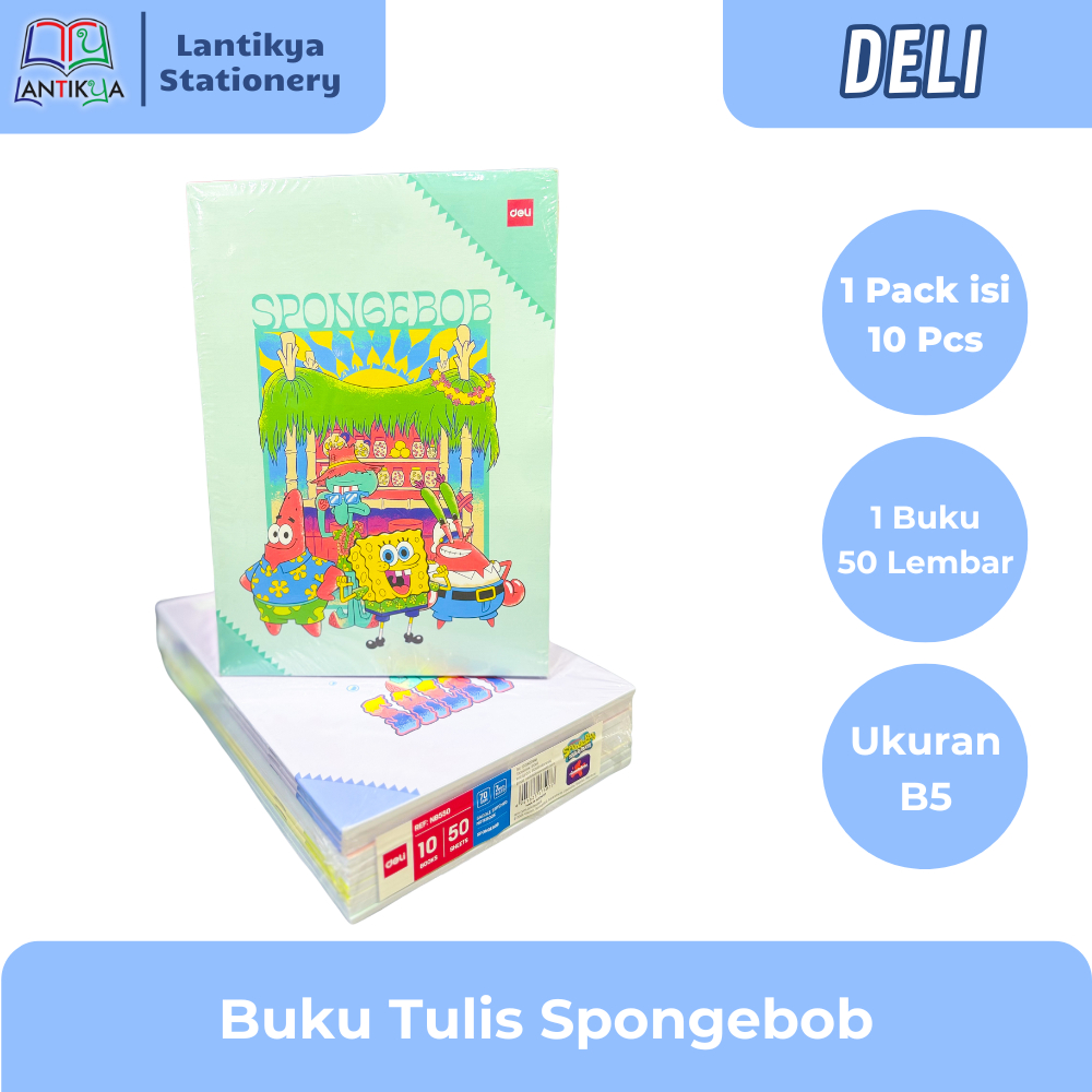 [1 PACK] Buku Tulis DELI 50 lembar Spongebob isi 10pcs / Buku Tulis Boxy Spongebob 50 lembar isi 10p