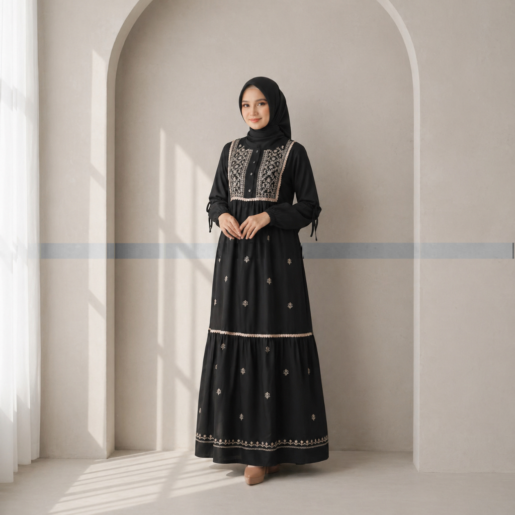 Jamila - Gamis Renda Bordir Rayon Twill Hitam Allsize